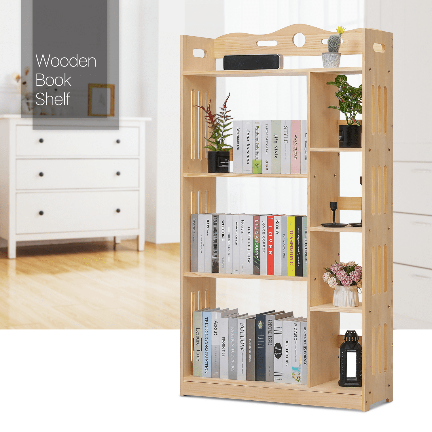 MoNiBloom Wood 5 Tiers Bookshelf, Books Toys Display Storage Bookcase, Natural, for Home