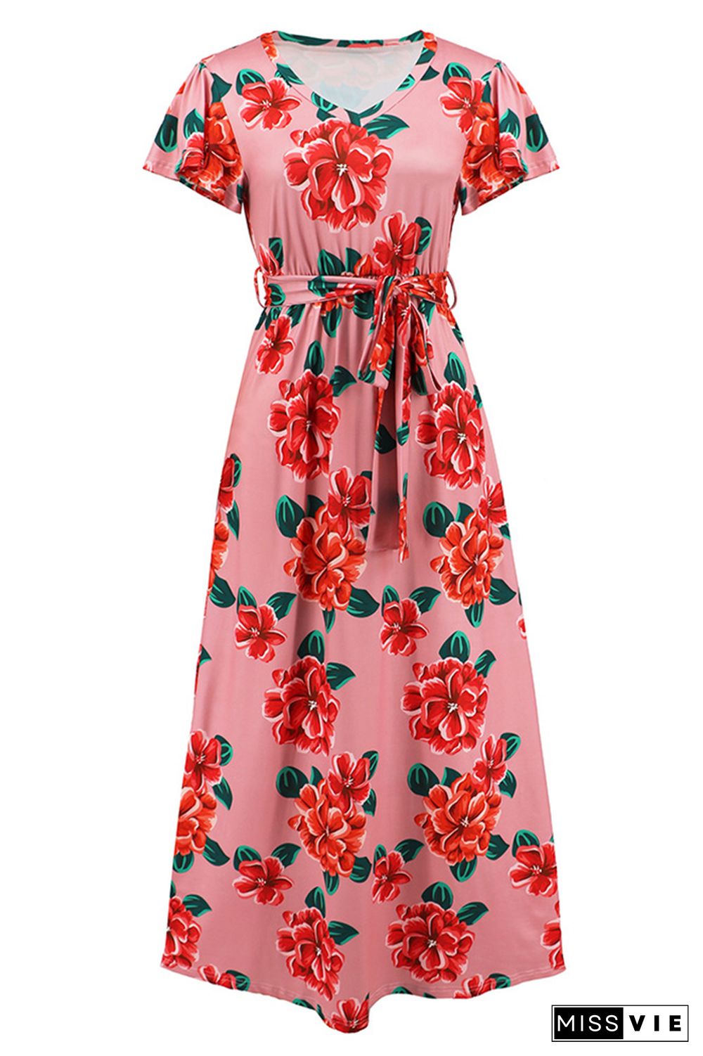 V Neck Short Sleeves Floral Maxi Dress