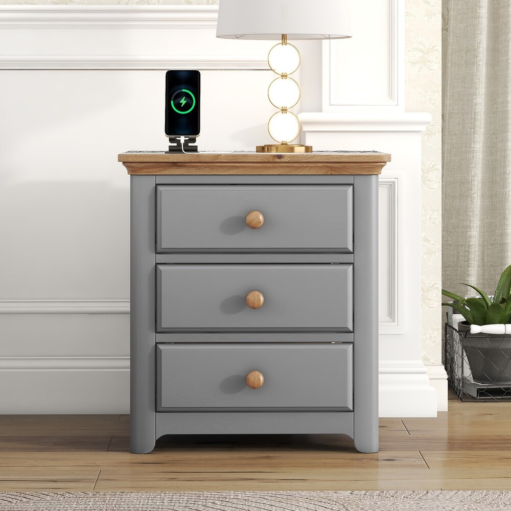 Wooden Nightstand with USB Charging Ports and Three Drawers End Table for Bedroom Living Room  Gray Natrual