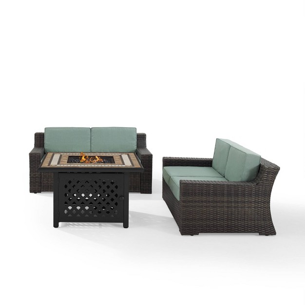 Beaufort 3 Pc Outdoor Wicker Conversation Set 2 Loveseats With Fire Table Mist brown Crosley