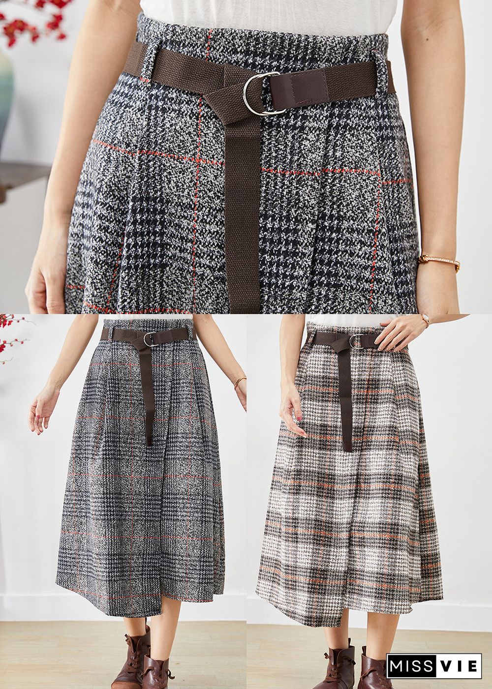 Beige Plaid Woolen Skirts Asymmetrical High Waist Fall