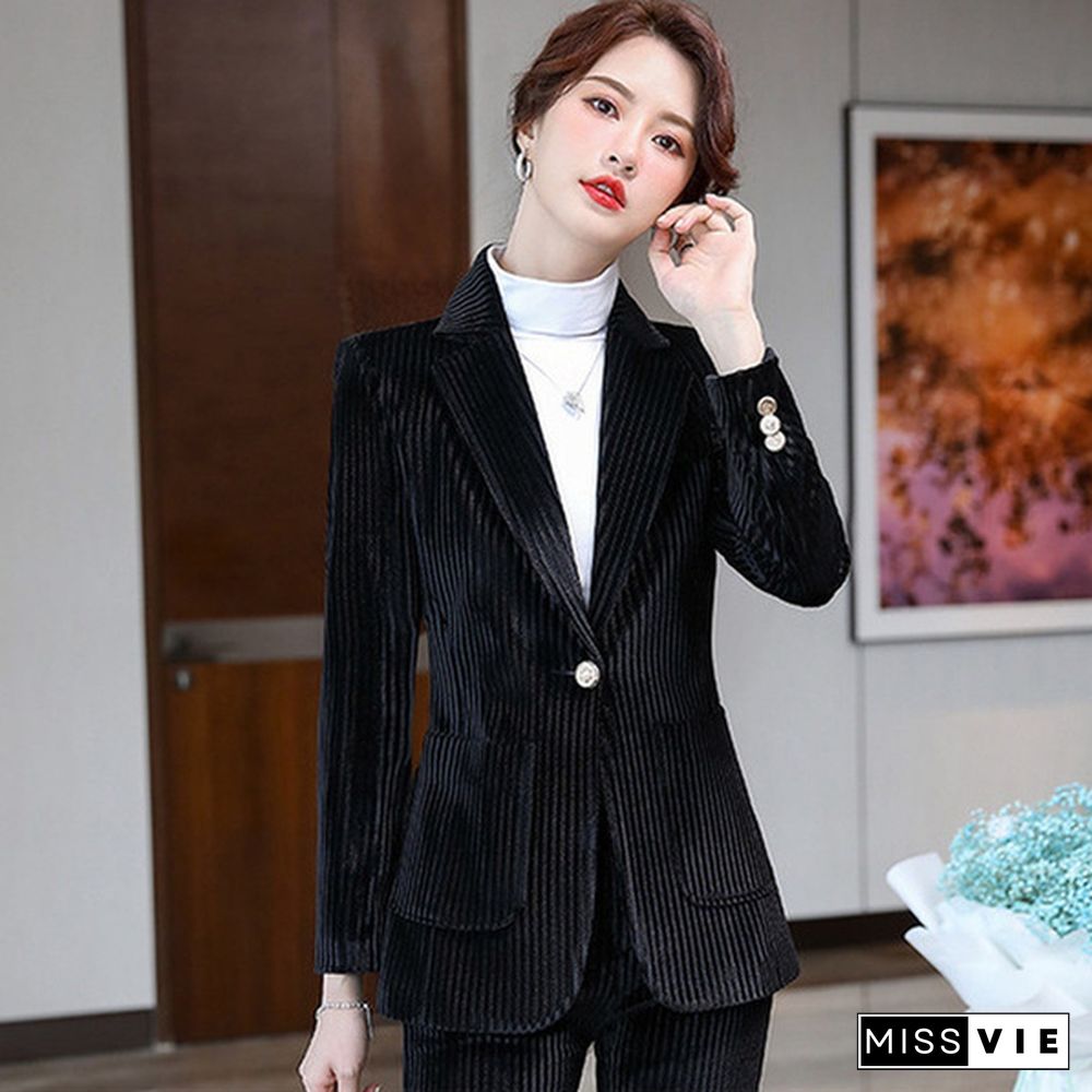 Women Velvet Blazer Jacket Trousers Bell-Bottoms Set Coat Flare Pants Office Striped Outfits Business Formal Suit