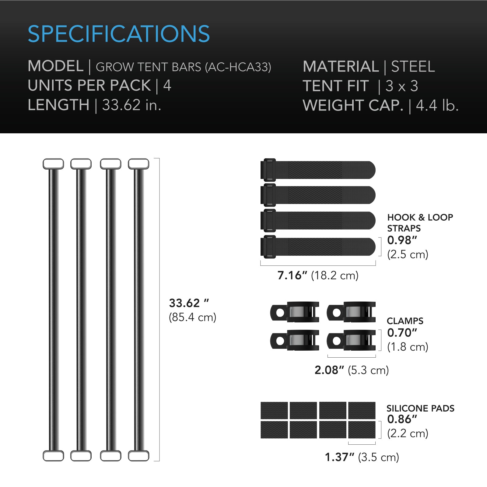 AC Infinity Grow Tent Mounting Bars 3x3’， Support Pole Steel Hanging Bars， High CFM Kit for 3x3 Indoor Grow Tents