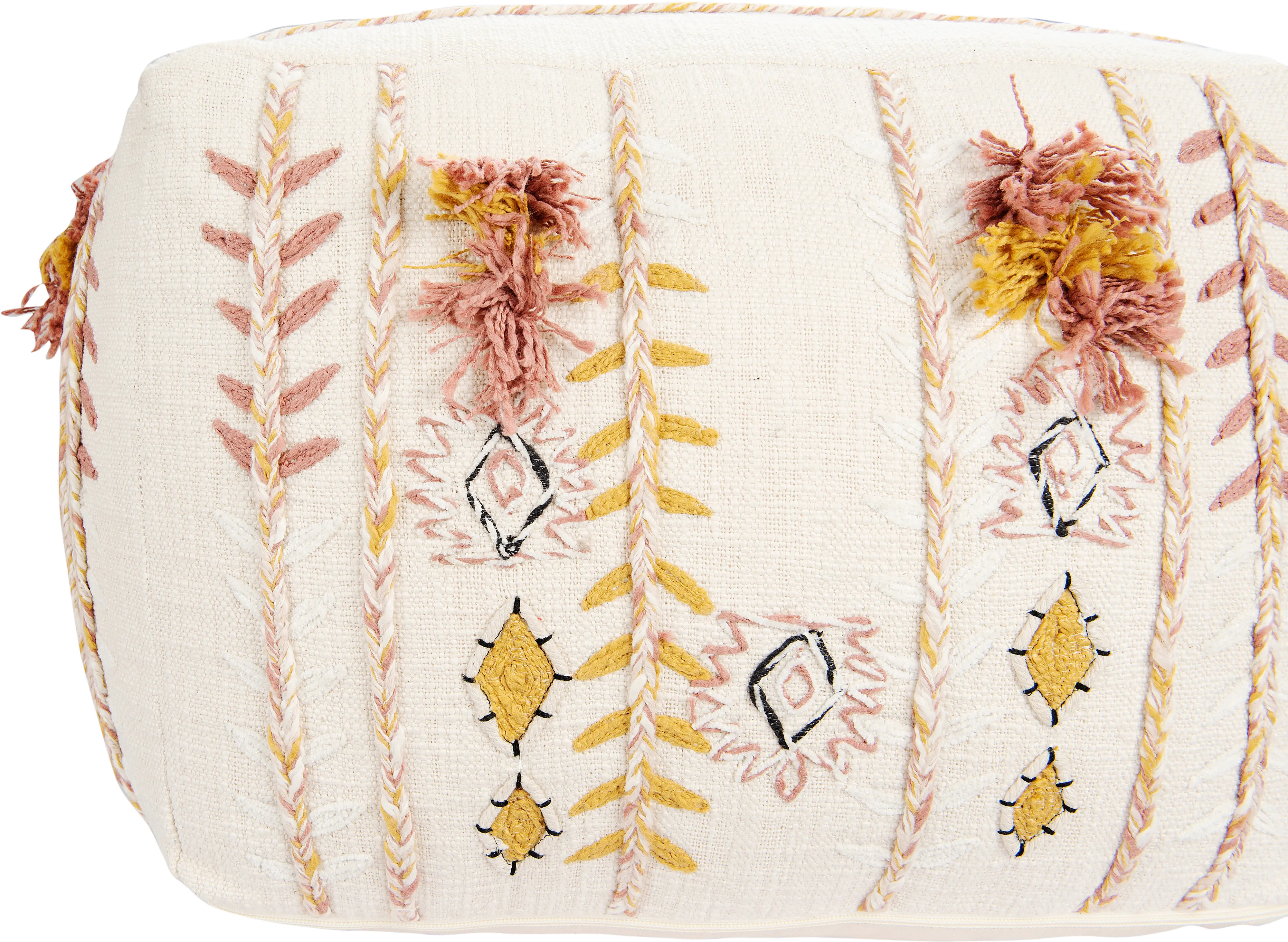 Cream Embroidered Pouf with Applique and Fringe