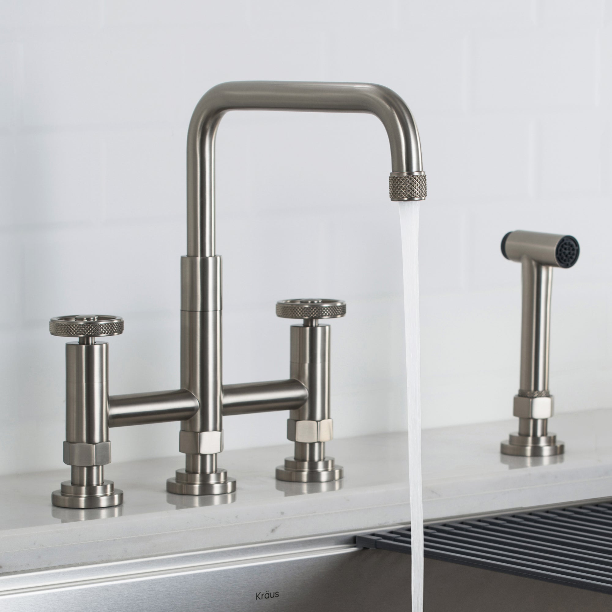 Kraus Urbix™ Industrial Bridge Kitchen Faucet with Side Sprayer in Spot Free Stainless Steel