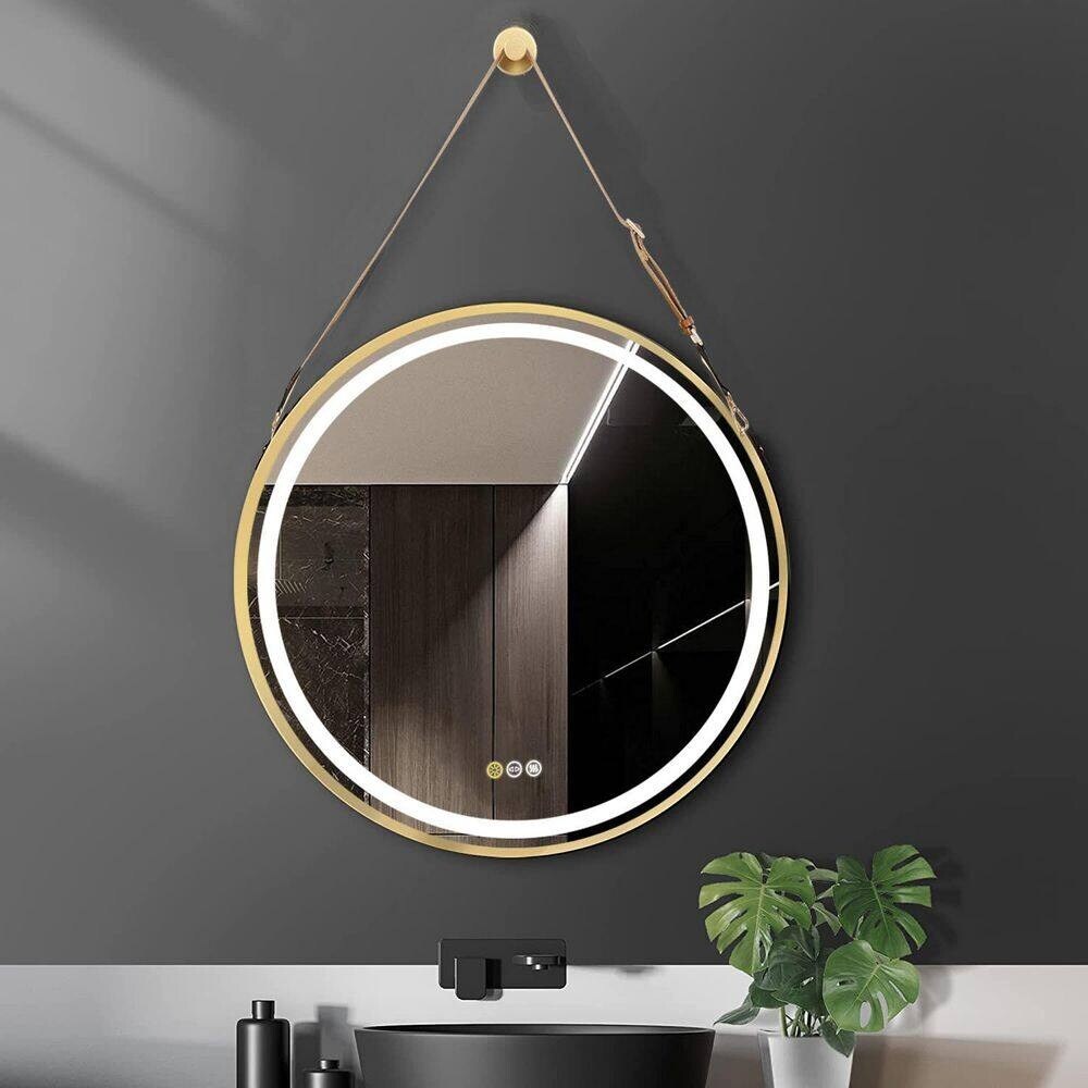 Large Round Framed LED Wall Bathroom Vanity Mirror with Hanging Strap