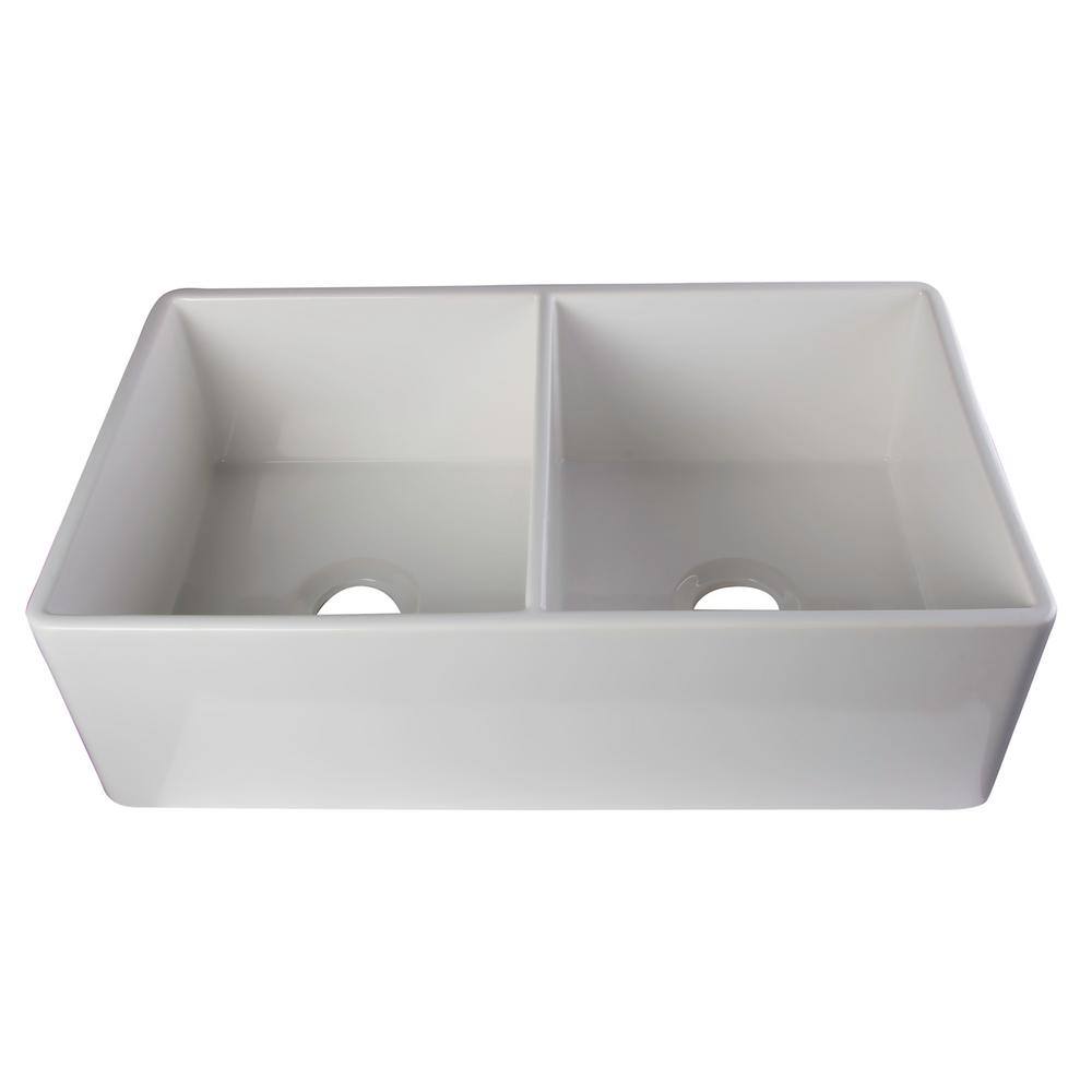 ALFI BRAND Smooth Farmhouse Apron Fireclay 33 in. 0-Hole 5050 Double Basin Kitchen Sink in White AB538-W