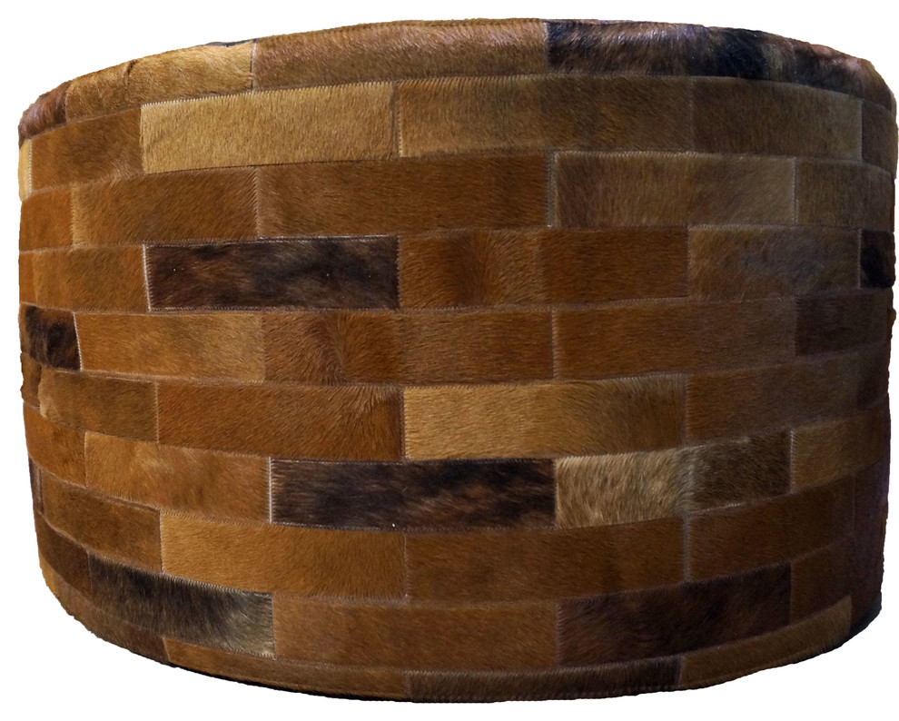 Cowhide 36 quotRound Patchwork Ottoman   Contemporary   Footstools And Ottomans   by Great Blue Heron Furniture  Houzz