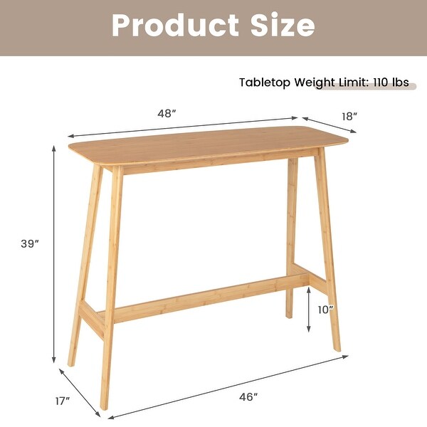 Costway Bamboo Bar Table 48'' High Top Console Dining Pub Table For - 48'' x 18'' x 39'' (L x W x H)