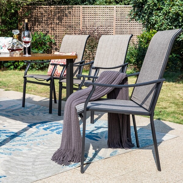 MAISON ARTS Patio Dining Set 7 Pieces with 1 Rectangle Teak Color Table and 6 Textilene Fabric Padded Armchairs