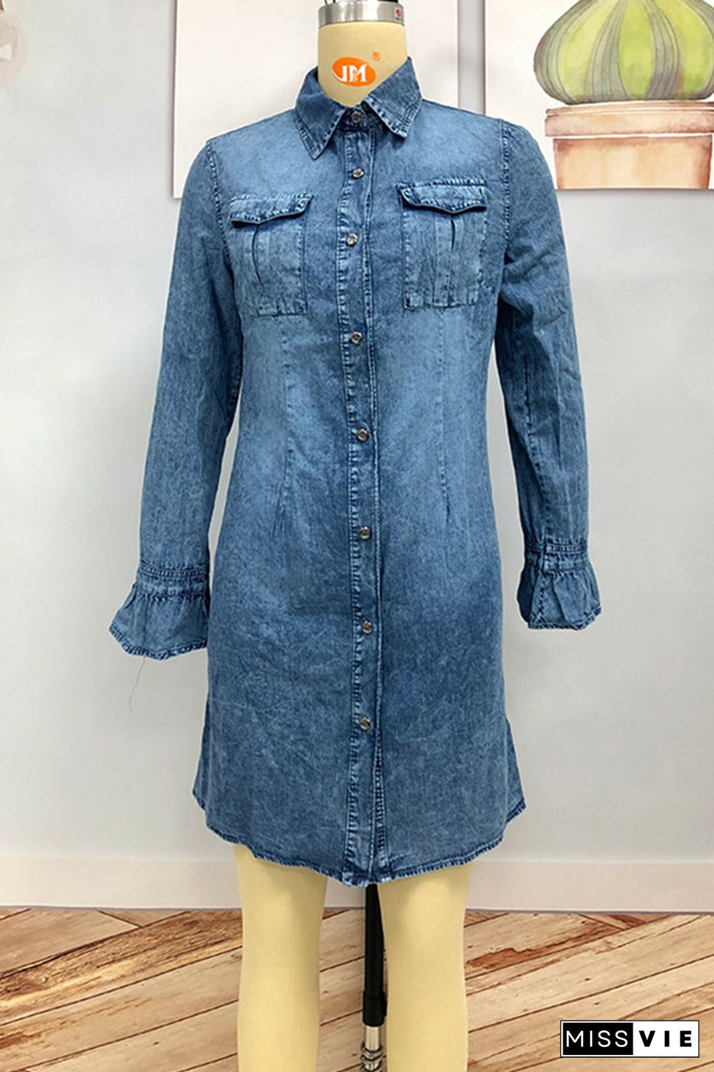 Washed Button Up Denim Mini Dress with Pockets