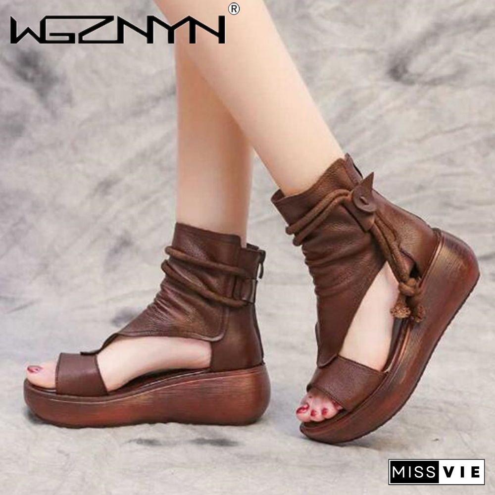 Hot New Summer Black Women Leather Sandals Cool Boots Platform Shoes Wedges Sandals Women Shoes Fashion Outdoor Sandals