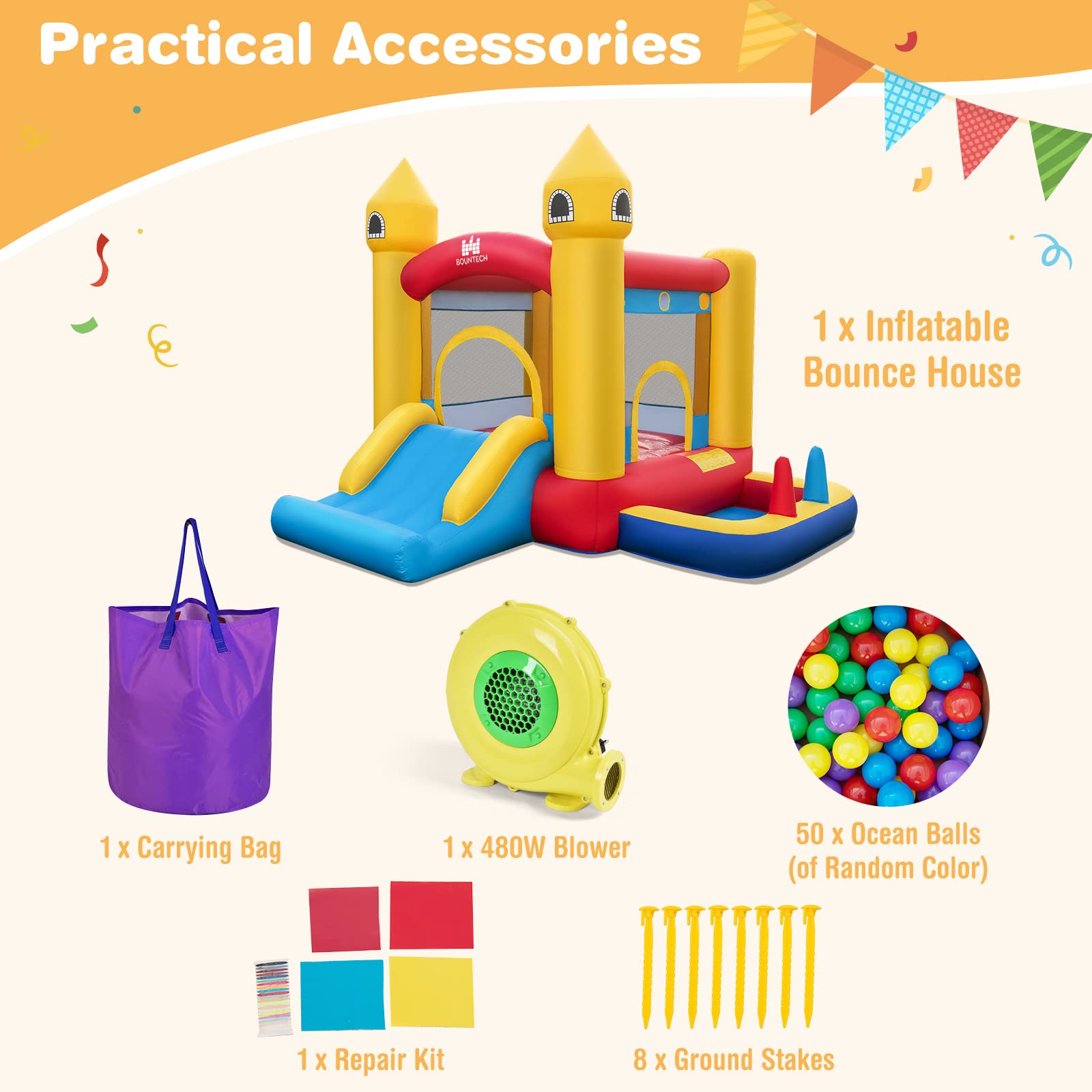 BOUNTECH Inflatable Bounce House, Bouncy House for Toddler Kids 5-12 Backyard Party Fun w/480W Blower, Basketball Hoop