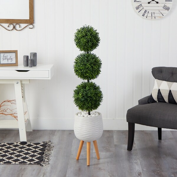 51 Boxwood Triple Ball Topiary Artificial Tree in White Planter