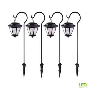 Hampton Bay Solar Matte Black Outdoor Integrated LED Shepard Hook Landscape Path Light with Hammered Lens (4-Pack) 93603