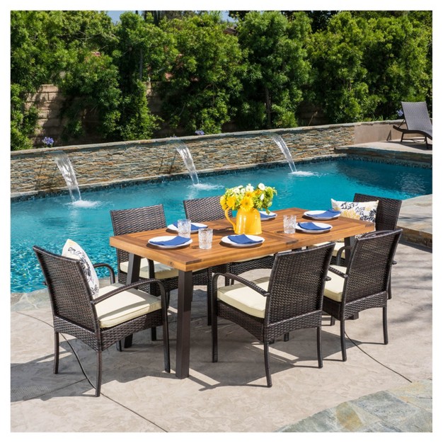 Bavaro 7pc Rectangle All weather Wicker And Wood Patio Dining Set Brown cream Christopher Knight Home