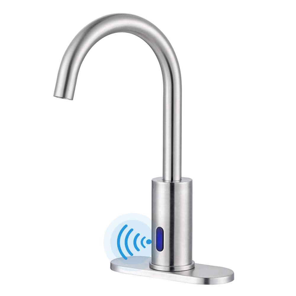 WOWOW BatteryPowered Commercial Touchless Single Hole Bathroom Faucet with Deck Plate in Brushed Nickel