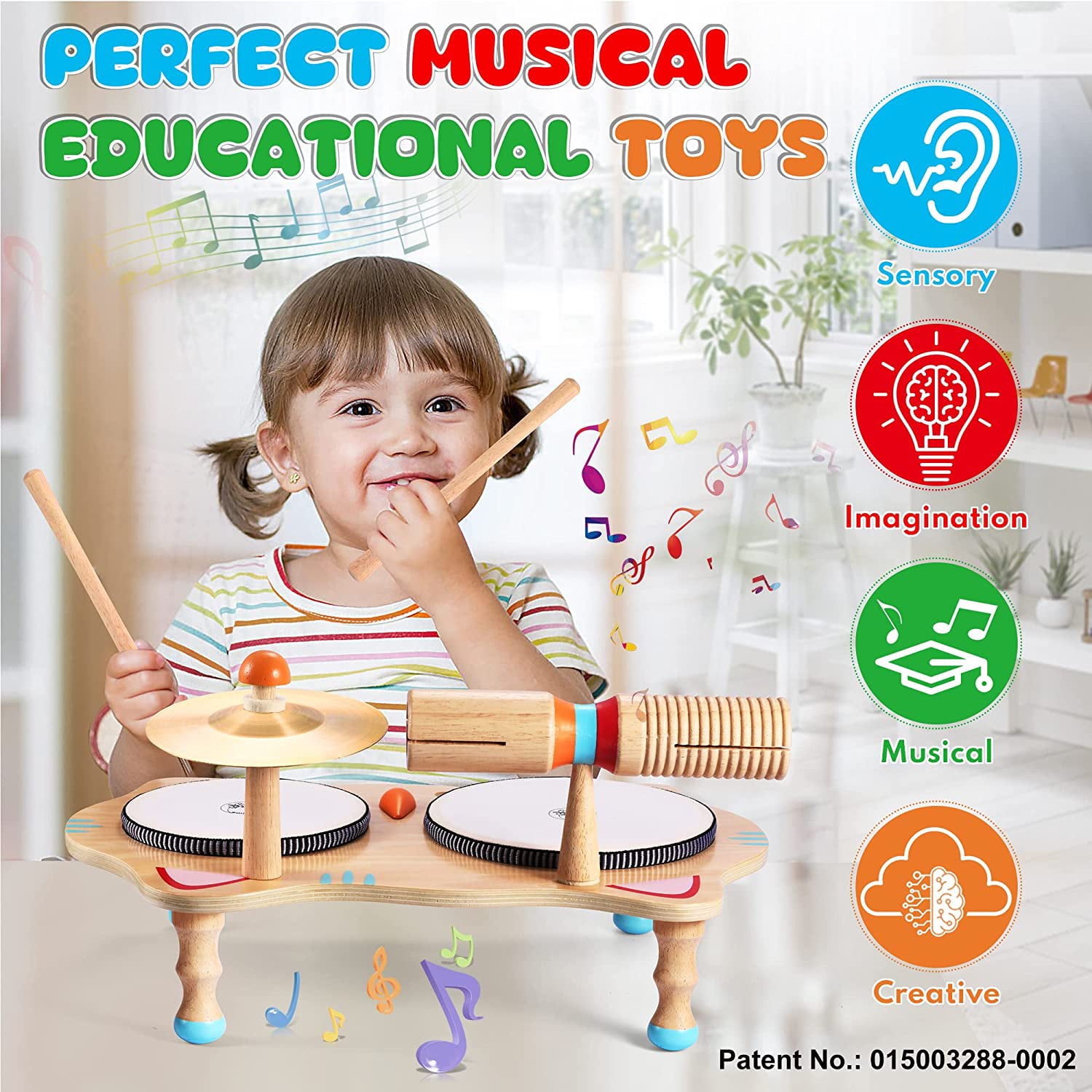 Sweet time Kids Drum Set， Baby Musical Instruments Toys for Toddlers， 6 in 1 Wooden Percussion Instruments Toddler Drum Set Sensory Toys Montessori Toys Birthday Gifts for Boys and Girls