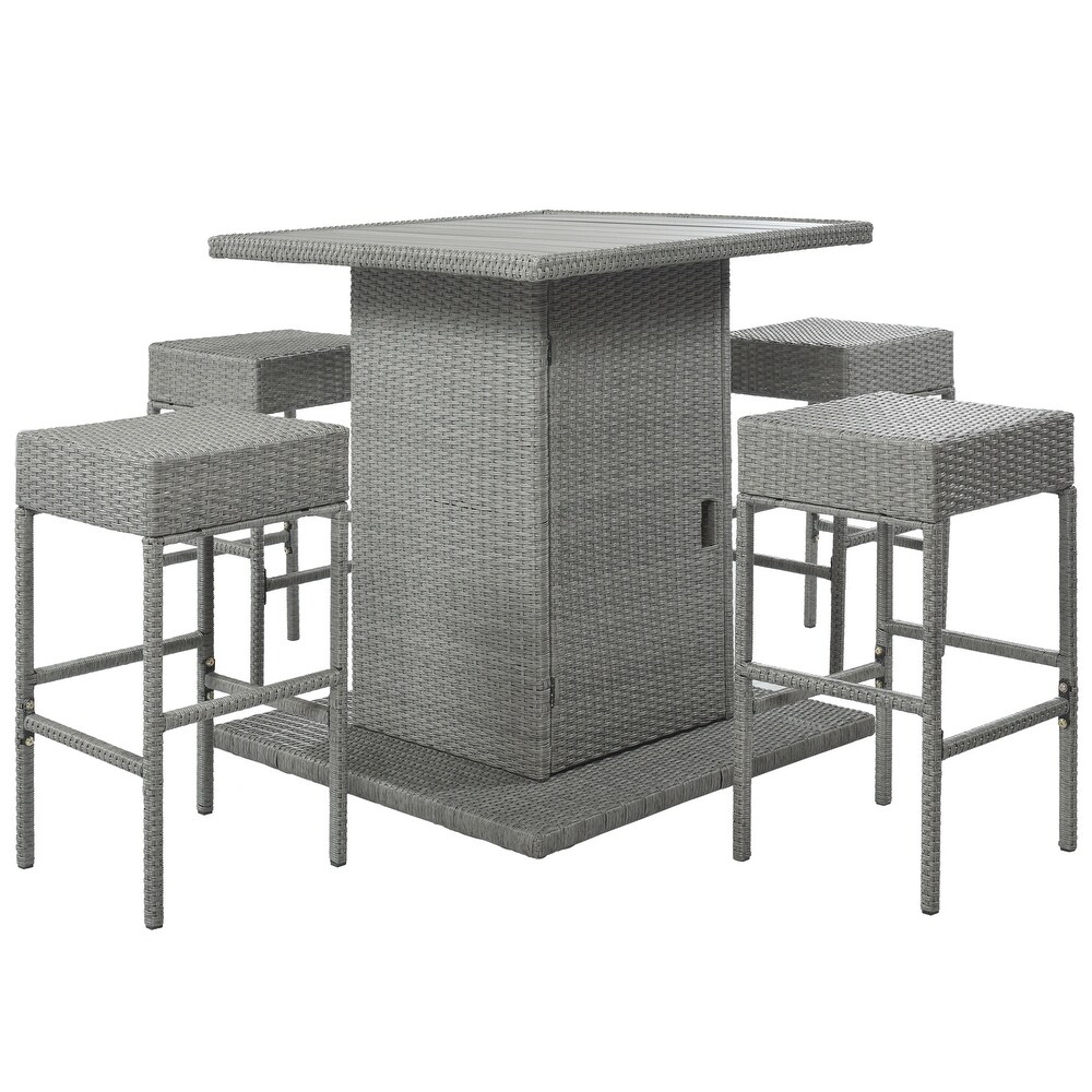 Outdoor 5 Piece Rattan Dining Table Set with 4 Padded Stools for Poolside