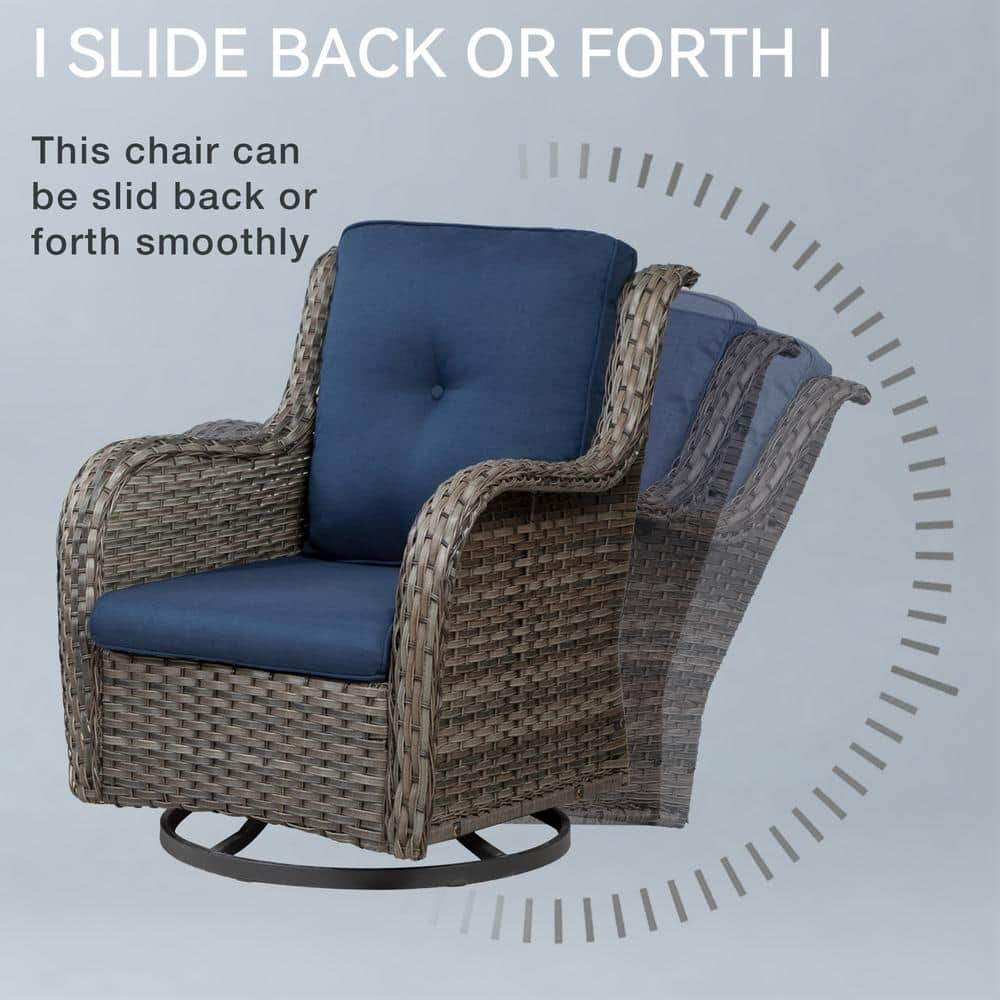 JOYSIDE 3-Piece Wicker Patio Conversation Set with Blue Cushions All-Weather Swivel Rocking Chairs O3PC-M01-BLUE