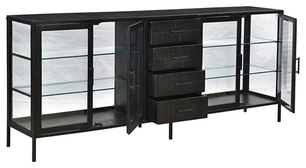 90 quotBlack Steel and Glass Console with Drawers   Farmhouse   Media Cabinets   by Terra Nova Designs  Inc.  Houzz