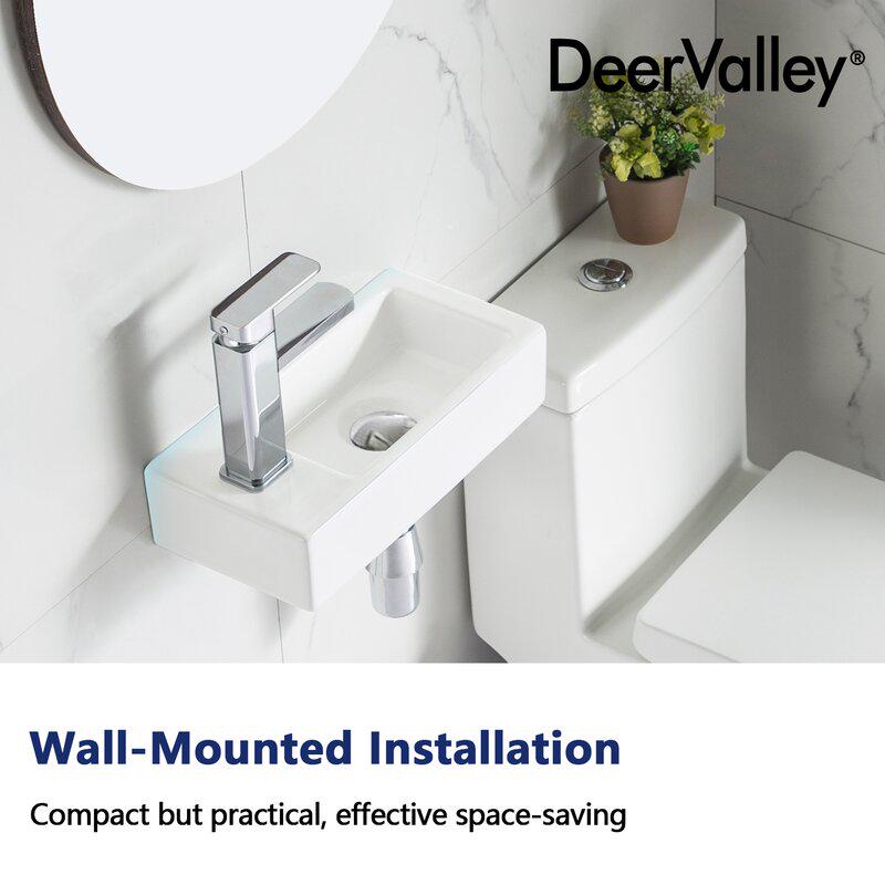 DeerValley DV-1V081L Wall Mount Sink， Rectangle Mini Vessel Sink，Small Bathroom Cloakroom White Porcelain Ceramic Wash Basin Left Hand