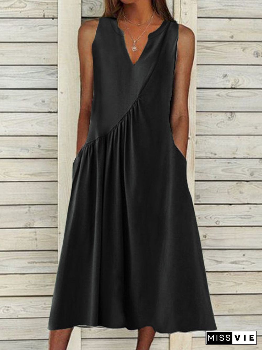 Women's Stitching Solid Color V-Neck Sleeveless Maxi Dress