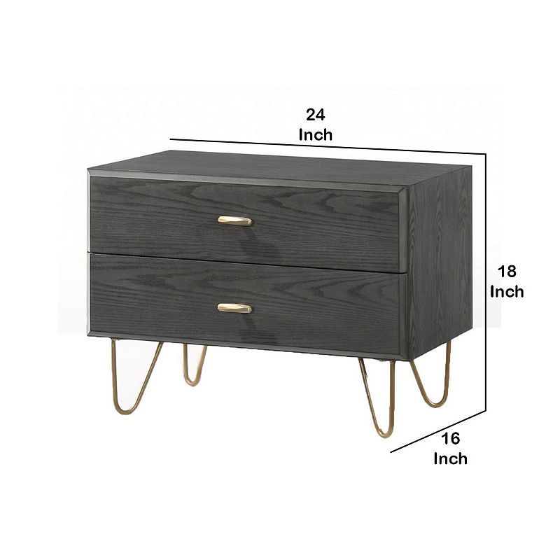 2 Drawer Wooden Nightstand with Hairpin Metal Legs， Gray and Gold