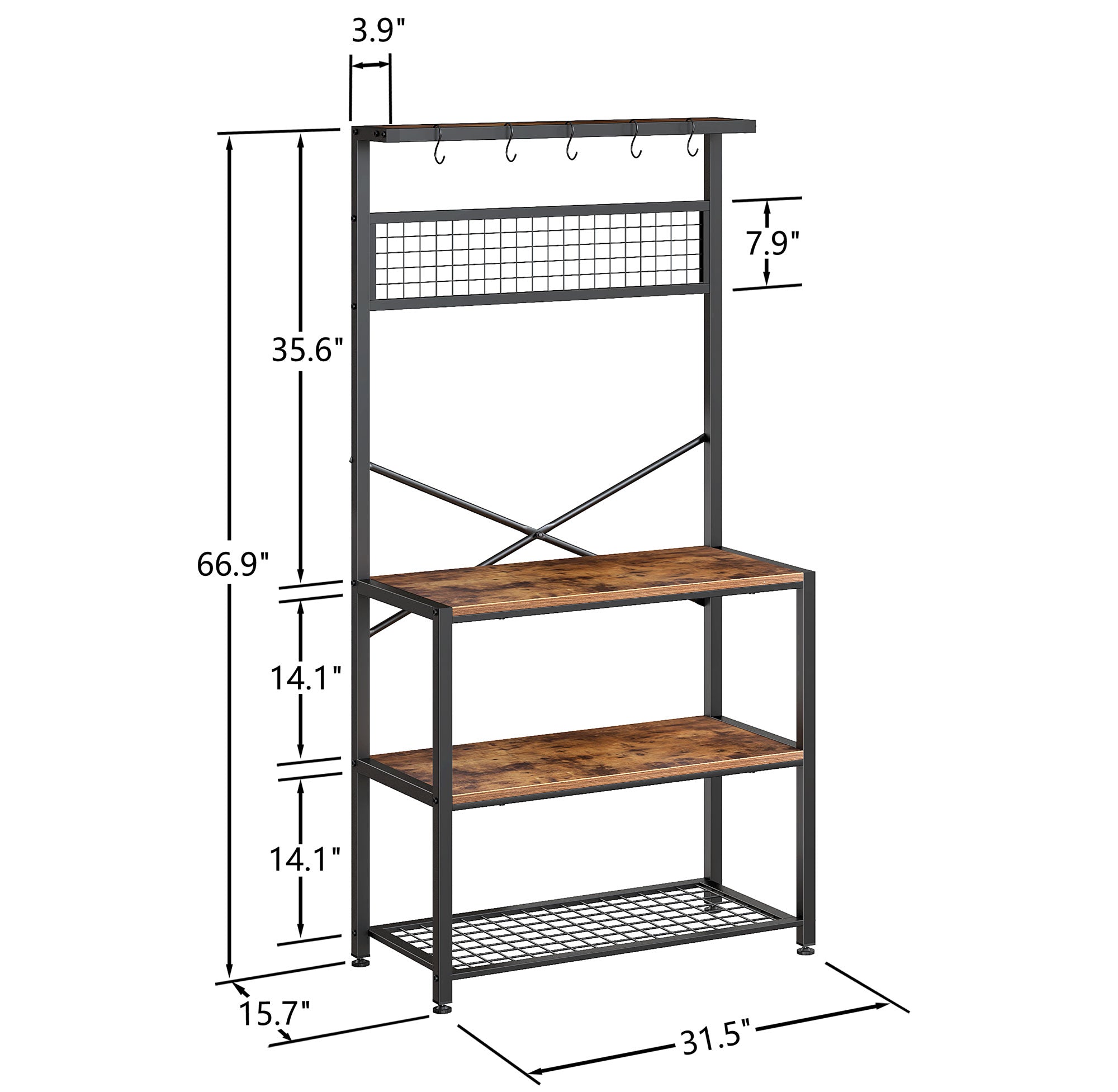 Wellynap 4-Tier Kitchen Baker's Rack， Tall Kitchen Rack with Hooks and Oven Placement， Ultimate Tall Rack Stand for Your Microwave and Coffee Hutch， Free Standing Kitchen Shelf， Vintage Brown