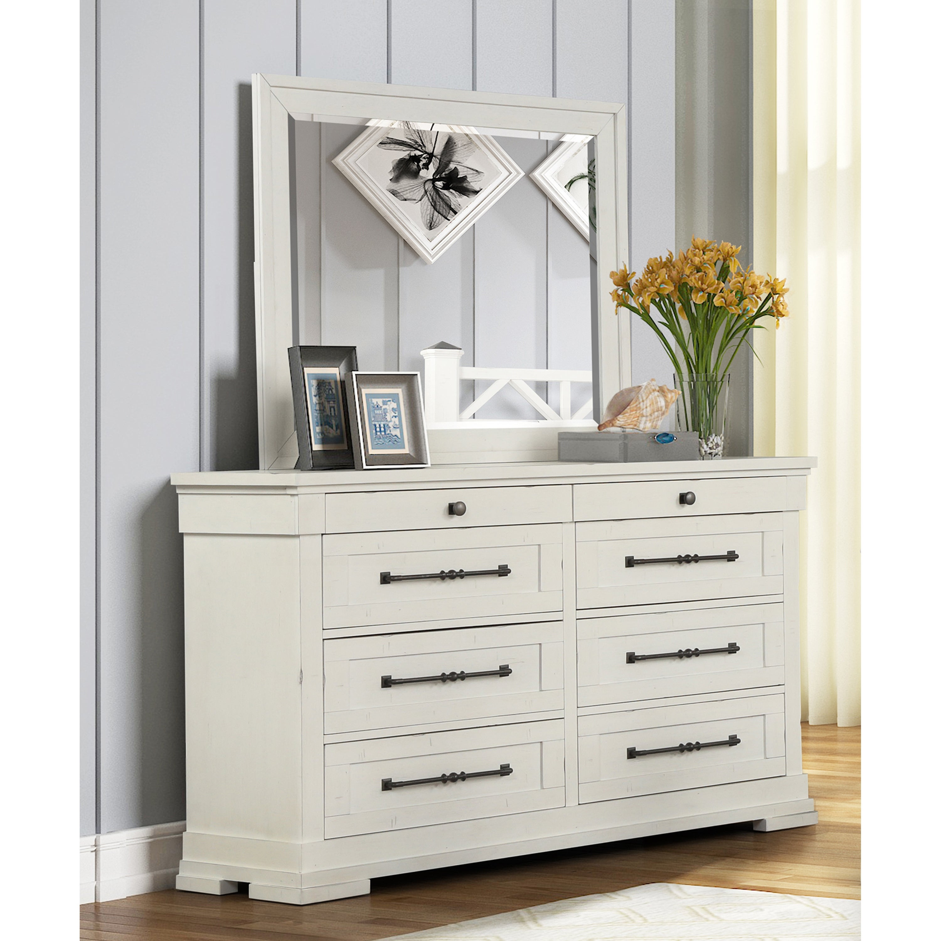 Roundhill Furniture Laria Antique White Finish Wood 8-Drawer Dresser with Mirror - - 35767211