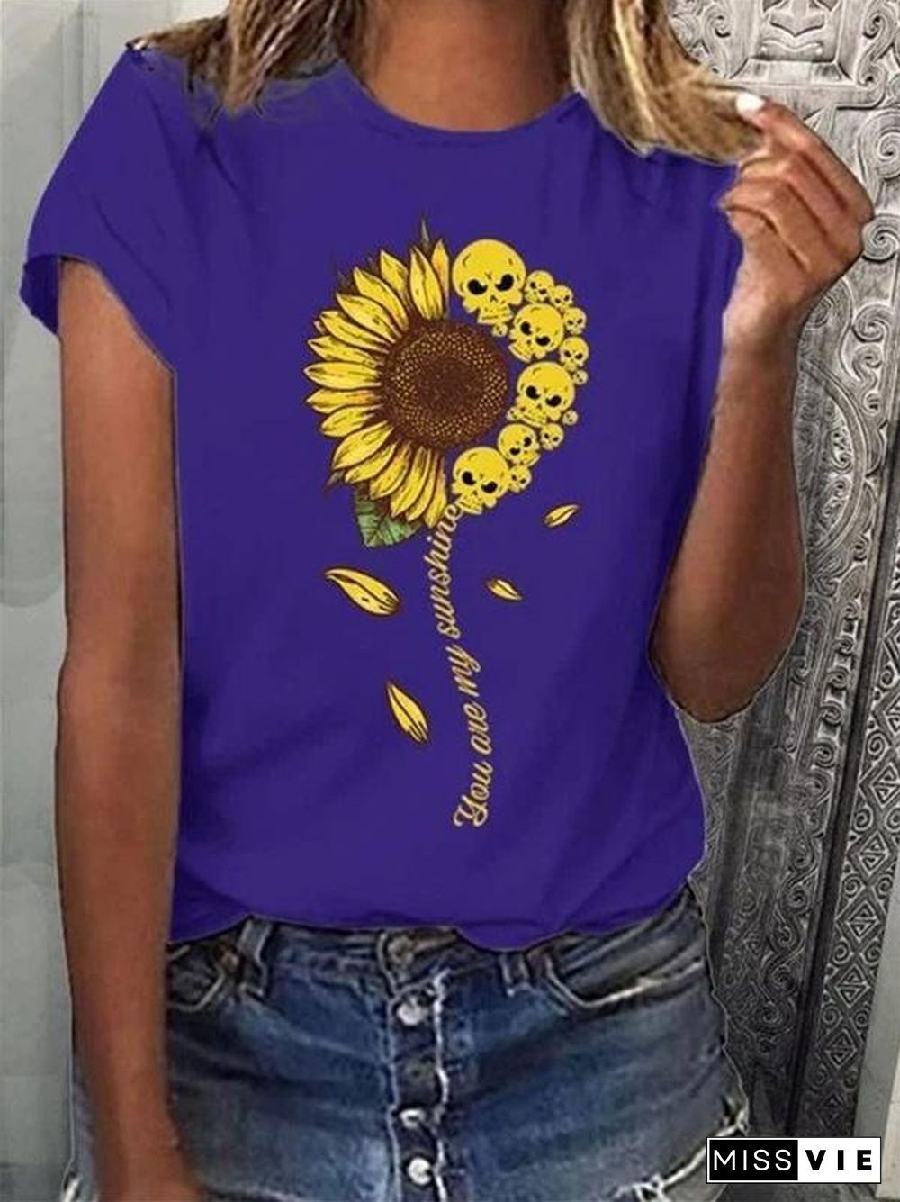 Summer Women Sunflower&Skull Pattern T-Shirt