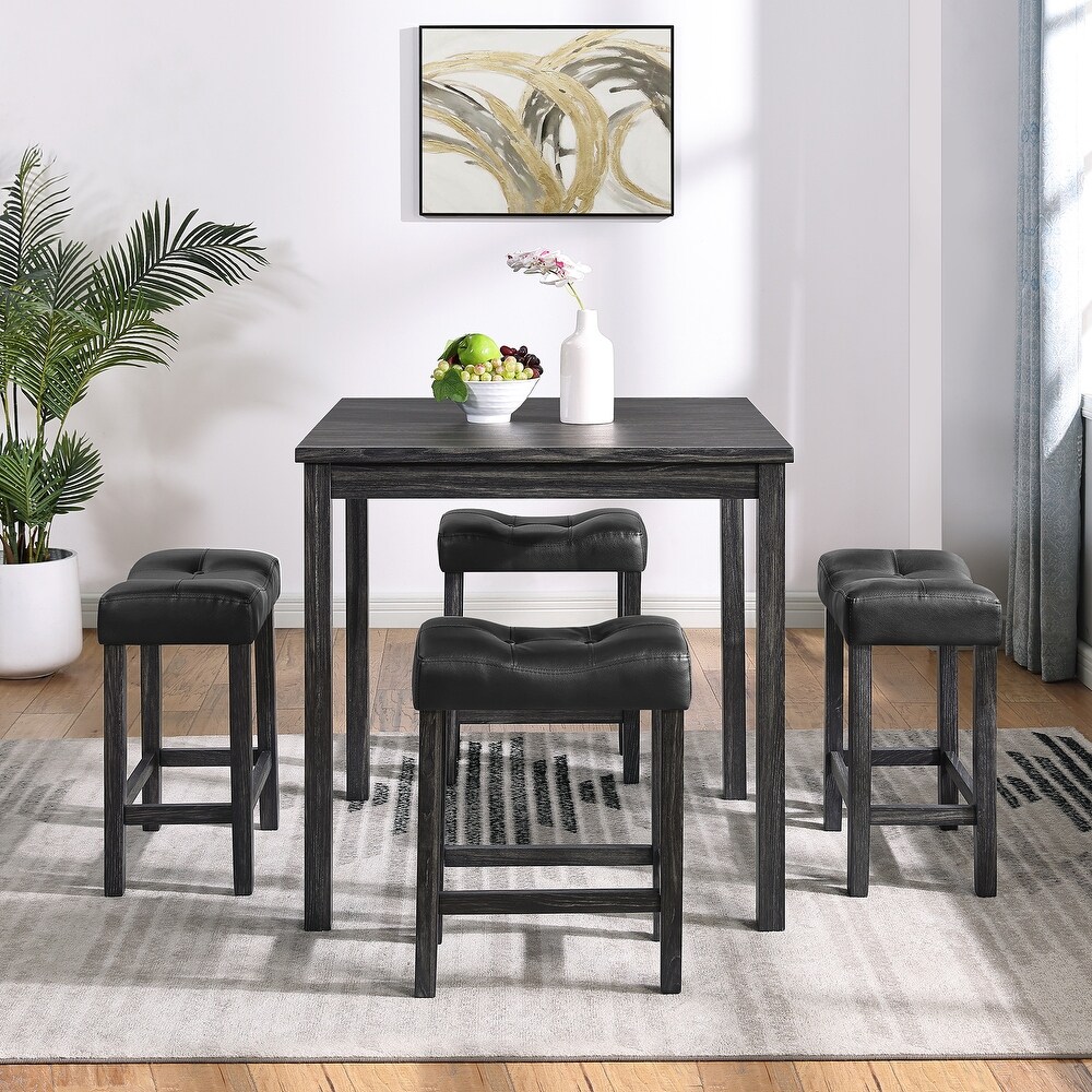 5 Piece Counter Height Bar Table Set Breakfast Nook Small Square Table and 4 Linen Fabric Upholstered Bar Stools with pedals