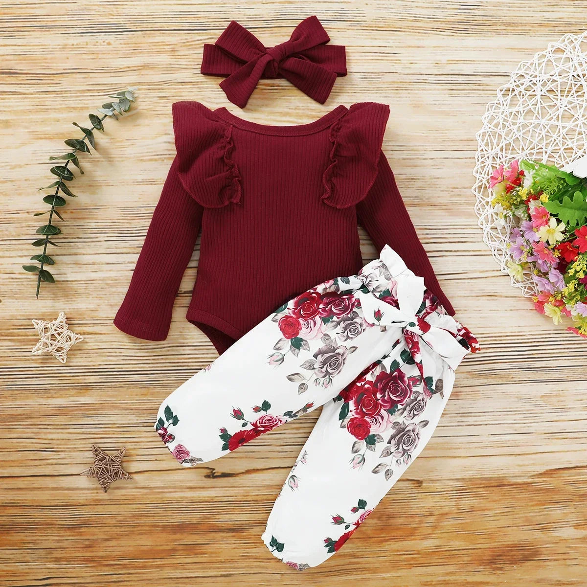 3Pcs Newborn Baby Girl Clothes Sets Infant Outfit Ruffles Romper Top Bow Leopard Pants New Born Autumn Fall Toddler Clothing