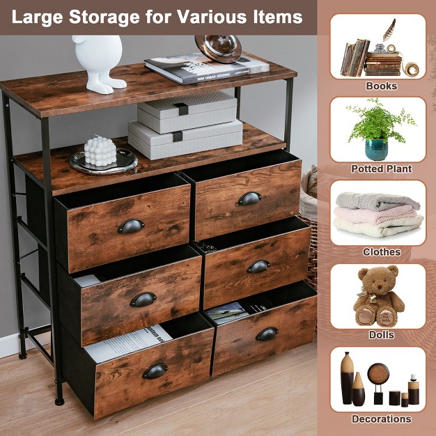 Costway 6 drawer Dresser 2 tier Fabric Storage Tower W wooden Top Chest Organizer Unit