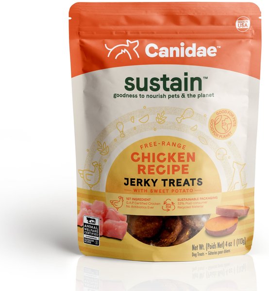 CANIDAE Sustain Jerky Treats Free-Range Chicken Recipe Dog Treats， 4-oz bag