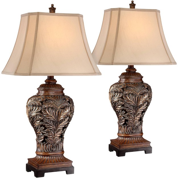 Tall Set Of 2 Bronze Curling Leaves Tan Rectangular Shade For Living Room Family Bedroom Bedside