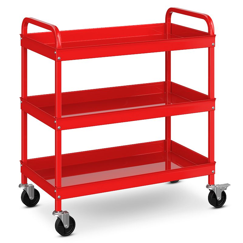 3-tier Metal Utility Cart With Lockable Casters And Handles-red