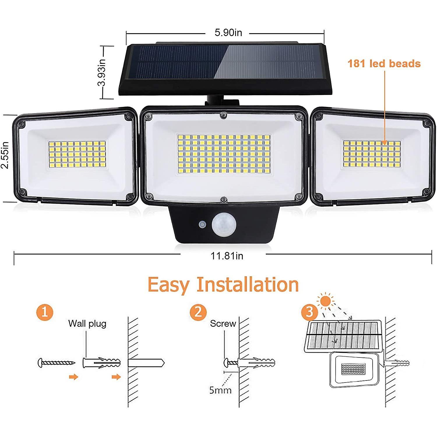 Dexusay Solar Lights Outdoor . Sensor 2 Packs， 3 Adjustable Heads Security Lights 362 Led Flood Light Ip65 Waterproof 270 Wide Angle Wall Lights With