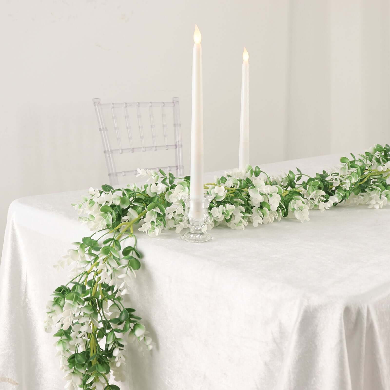 White / Green Artificial Eucalyptus Leaf Table Garland, Real Touch Hanging Greenery Vine 6ft