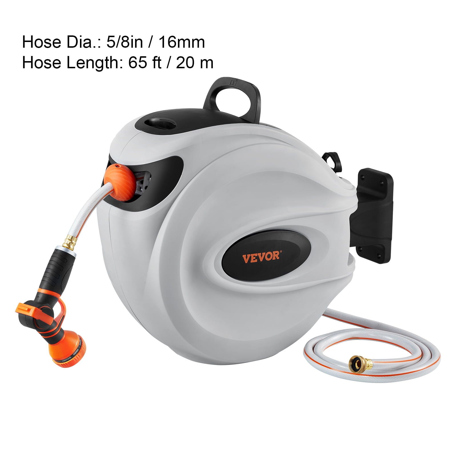 BENTISM Retractable Hose Reel， 65 ft x 5/8 inch， 180° Swivel Bracket Wall-Mounted， Garden Water Hose Reel with 9-Pattern Nozzle， Automatic Rewind， Lock at Any Length， and Slow Return System