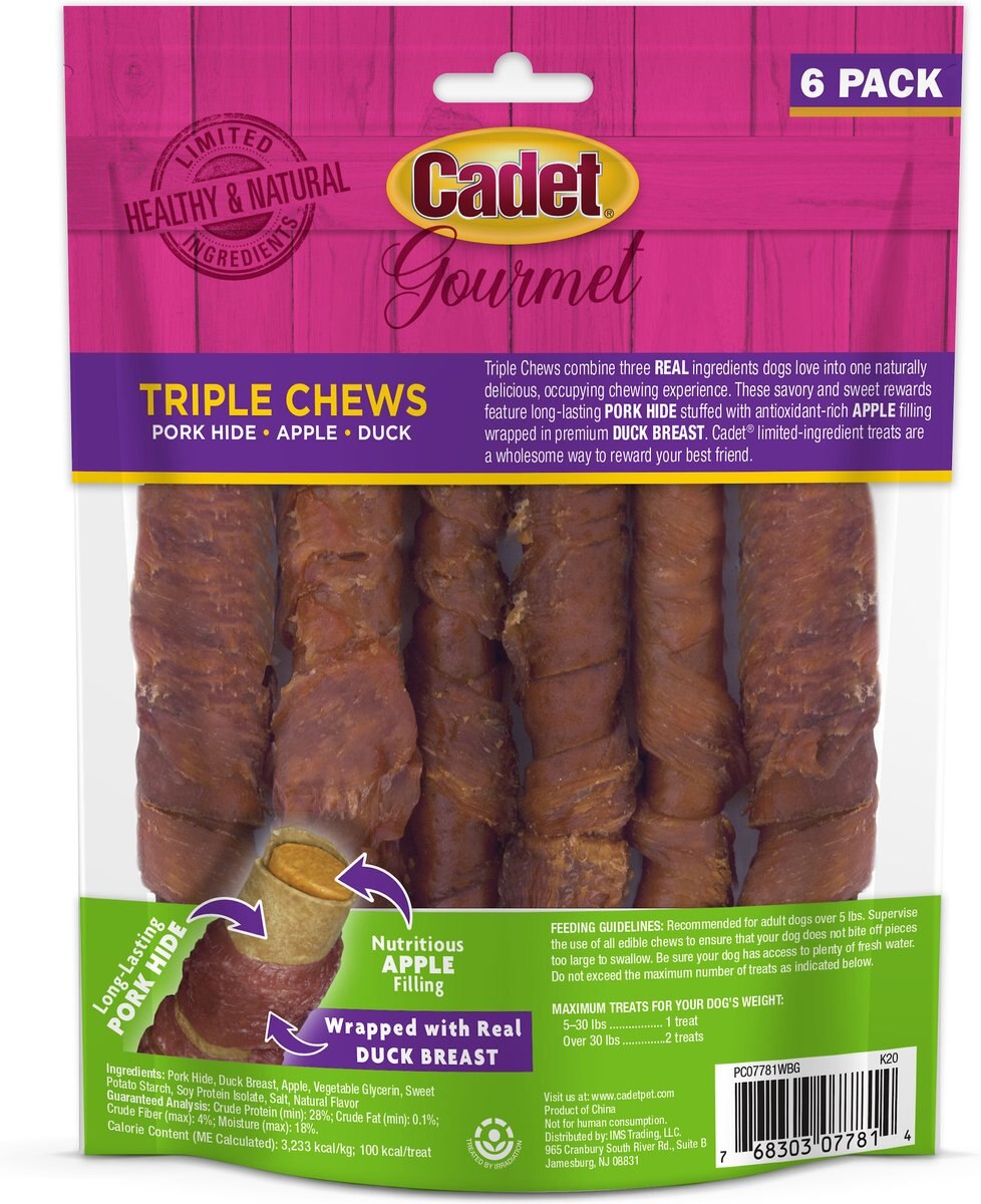 Cadet Gourmet Triple Chews Apple， Duck and Pork Hide Twists Dog Treats， 6 count