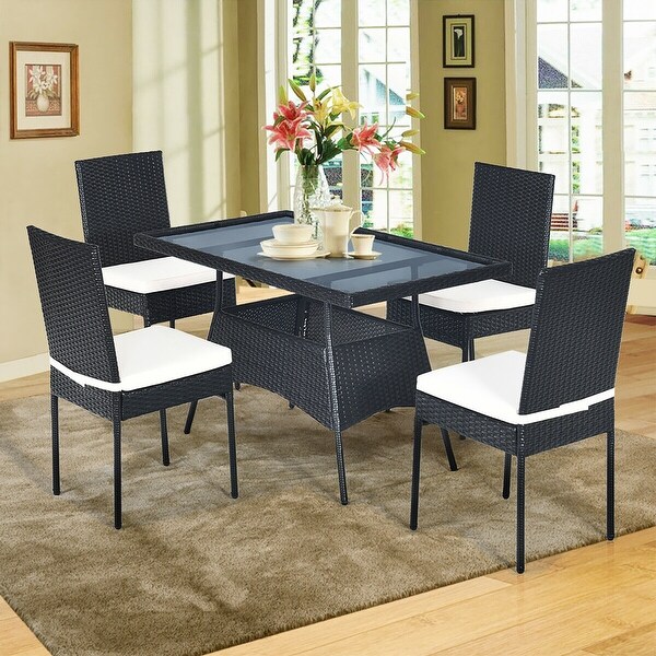 Costway 5PCS Patio Rattan Dining Set Cushioned Chair Table w/Glass Top