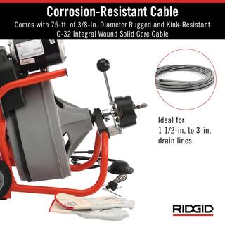 RIDGID K-400 AutoFeed Drain Cleaning Snake Auger 120-Volt Drum Machine and C-32IW 38 in. x 75 ft. Cable + Tool Set  Gloves 27008