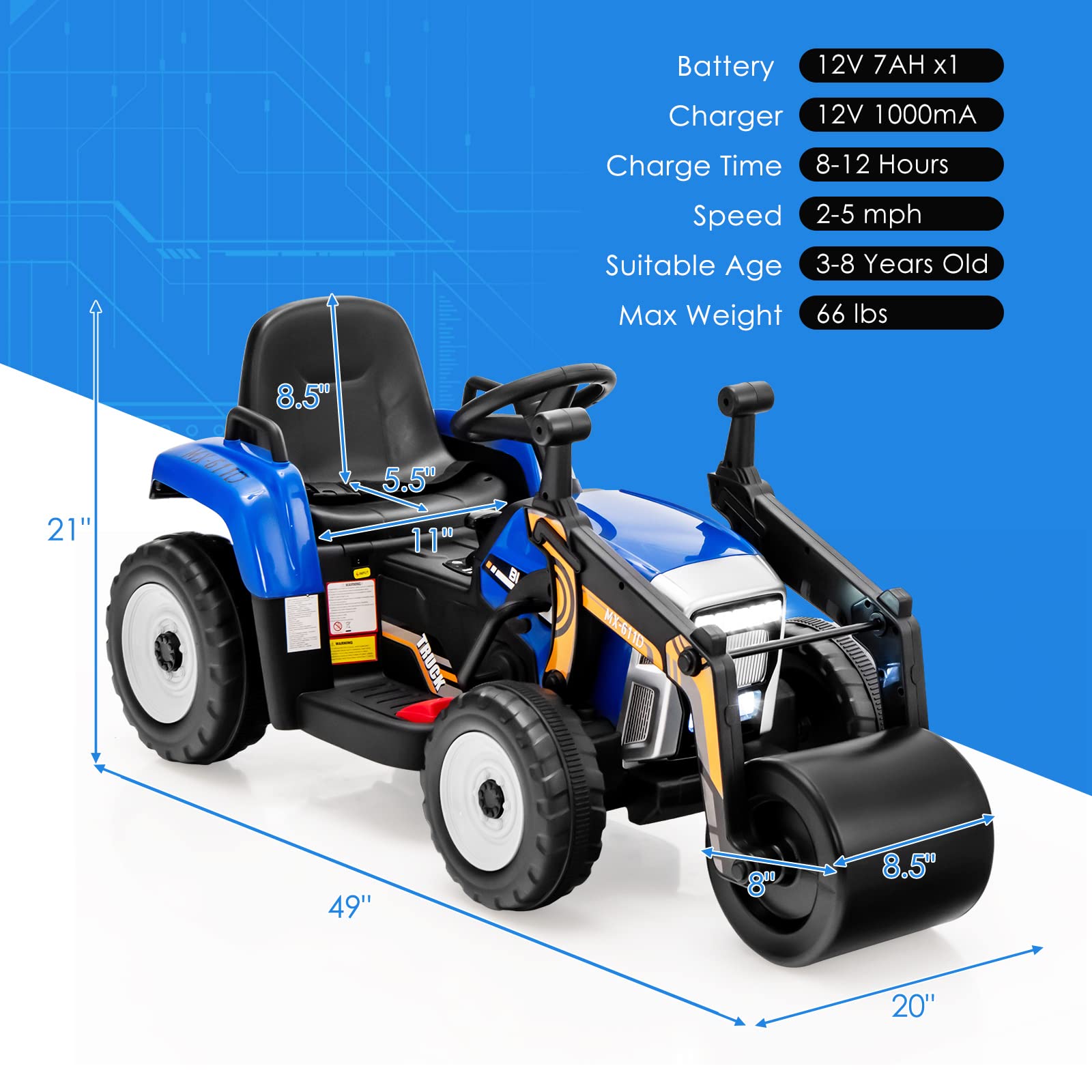 Costzon Ride on Car, 12V Road Roller with Remote Control, Battery Powered Electric Tractor