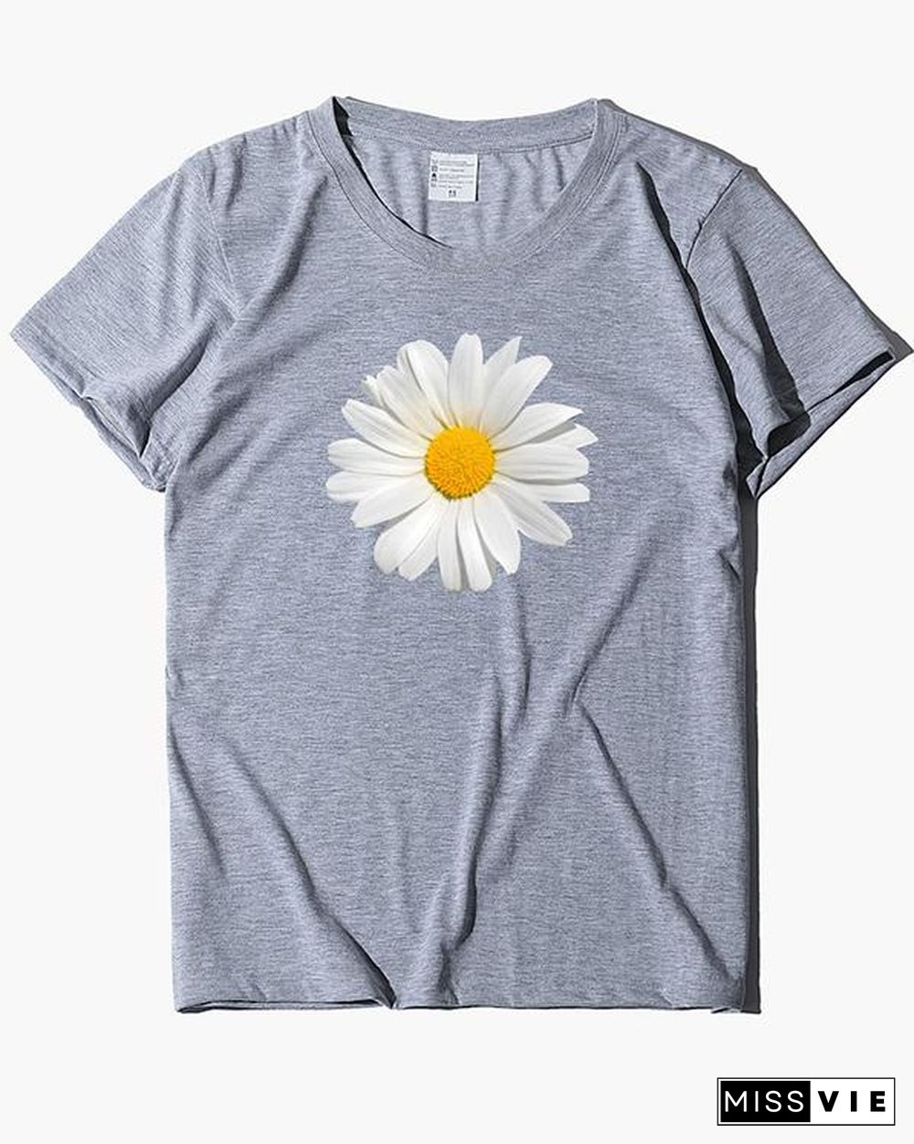 Flower Print T-shirt Ladies Short Sleeve Daily Tops