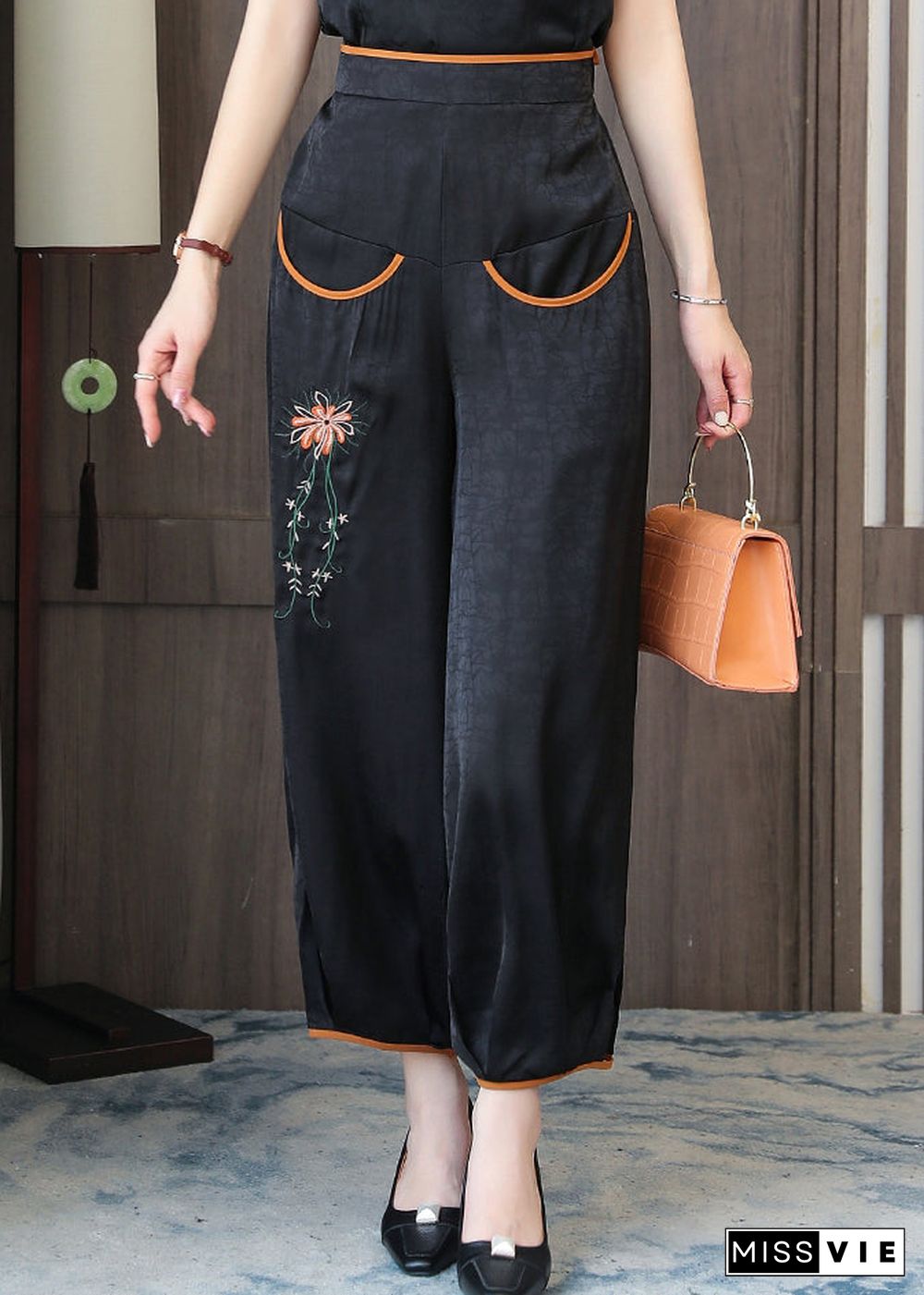 Handmade Black Embroidered Floral Silk Lantern Pants