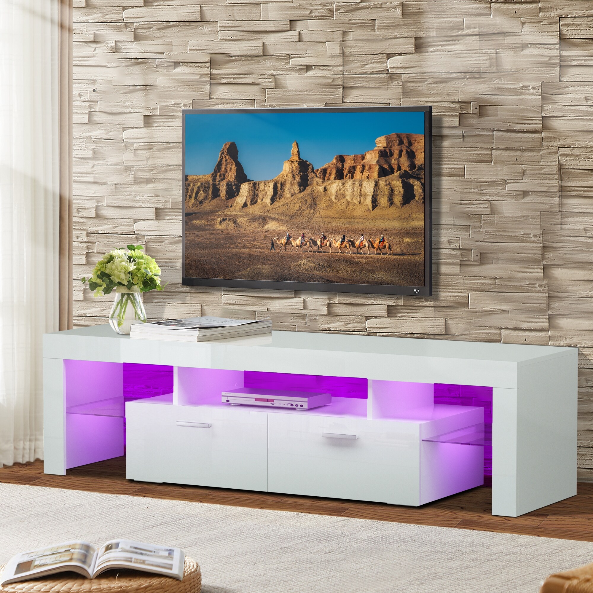 TV Stand with LED Lights，high glossy front TV Cabinet