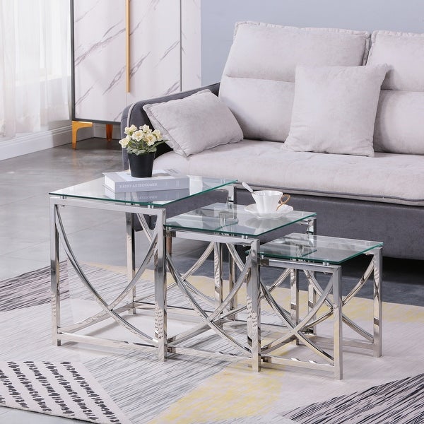 3 Pcs Modern Nesting Coffee Table with Glass Countertops， Sofa Table with Stainless Steel Frame for Living Room， Office