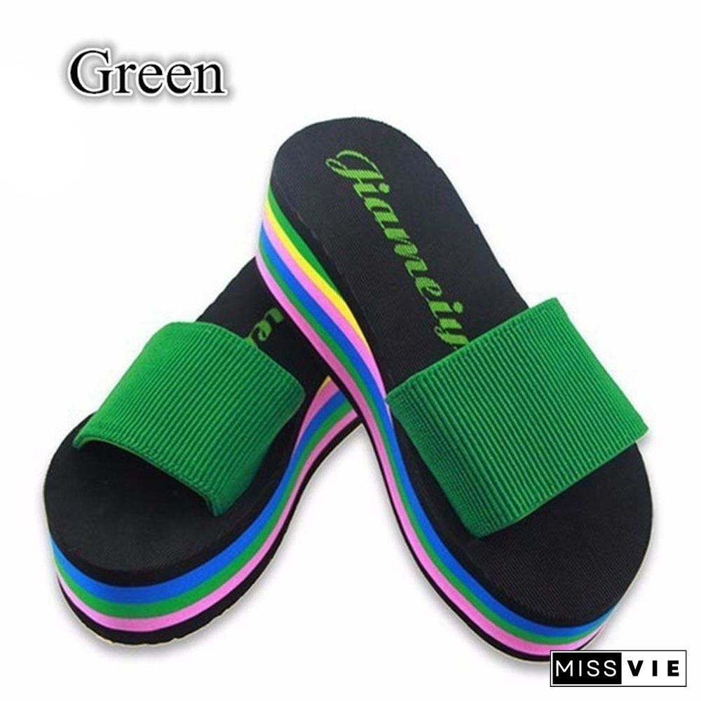 Women Fashion Summer High Heels Sandals Rainbow Non-Slip Thick Soled Slippers Ladies Platform Wedge Beach Slippers