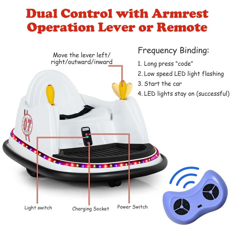 6V Kids Ride On Bumper Car 360-Degree Spin Race Toy with Dual Joysticks, Flashing LED Light, Remote Control